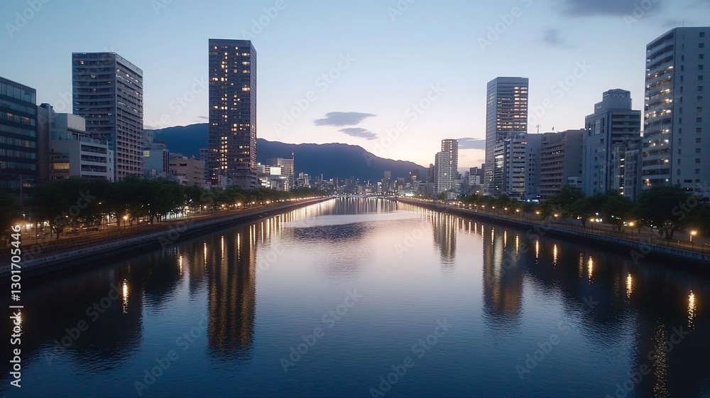 Naklejka premium City Canal Sunrise Reflection, Urban Landscape