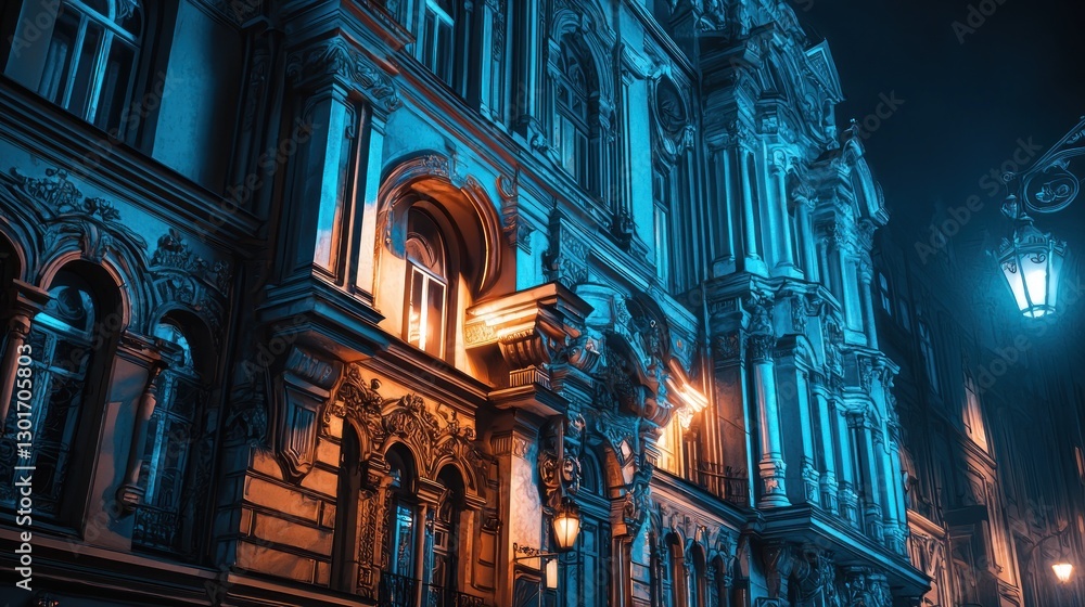 Fototapeta premium Night view of ornate, illuminated building.