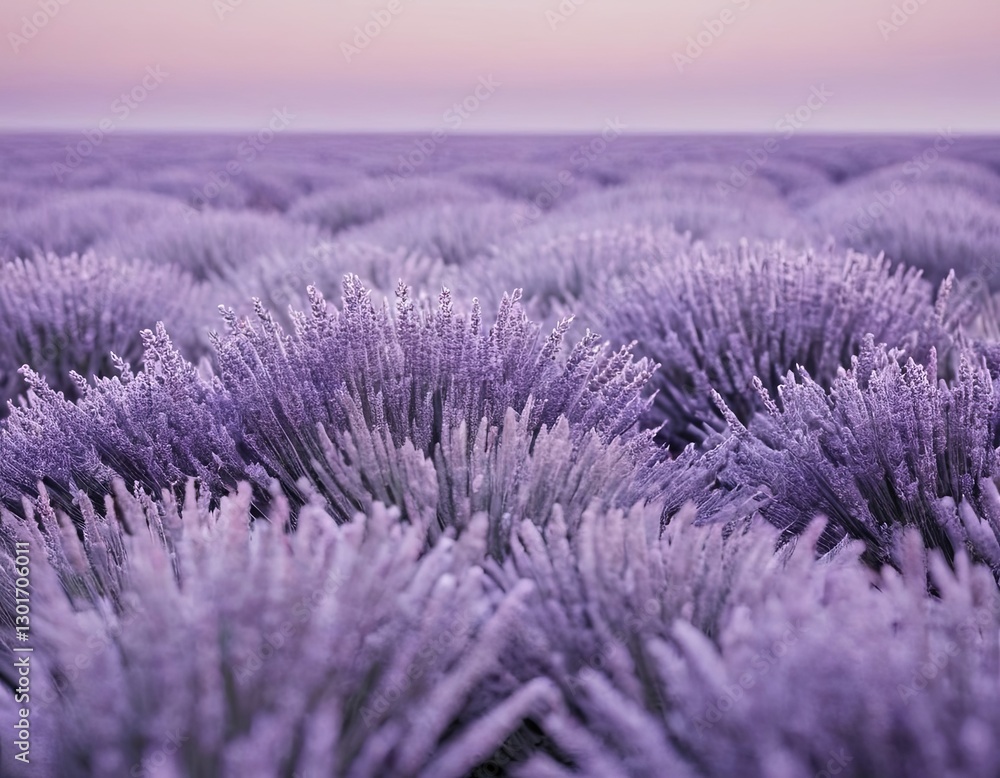 Obraz premium Vast lavender fields in soft purple hues under a serene sunset sky.