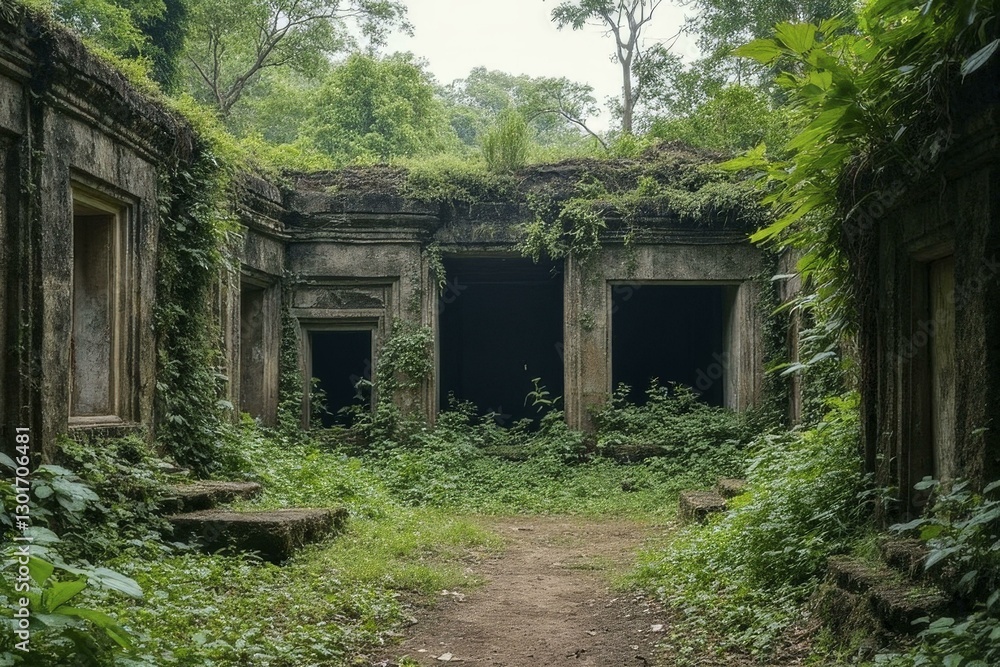 Overgrown Temple Ruins Surrounded by Dense Green Forest Overgrown Temple Ruins Surrounded by Dense Green Forest
