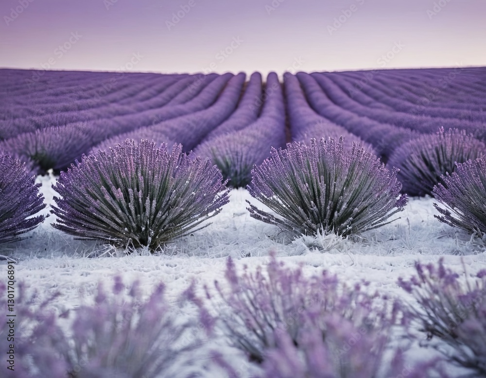 Obraz premium Icy lavender fields at dawn, showcasing the beauty of nature's hues in winter.
