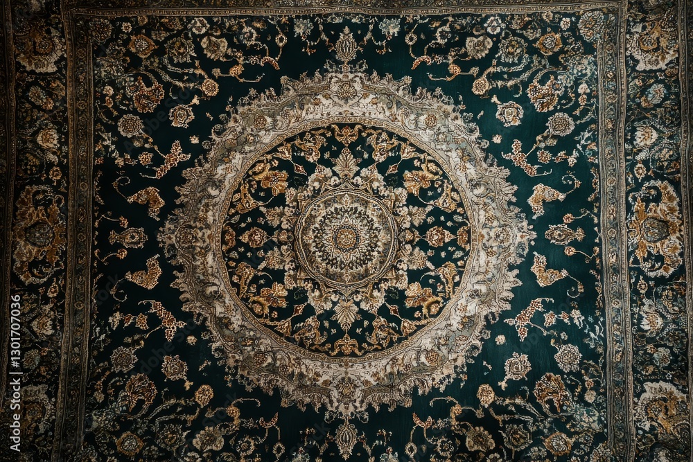 Fototapeta premium Detailed ornate rug with a dark green design.