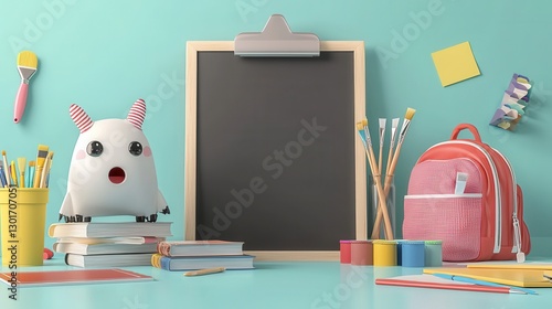 Creative 3D banner with a blackboard and an assortment of school and office supplies arranged on a colorful workspace background