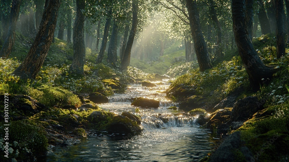 Obraz premium Sunlit stream flows through lush green forest. (1)