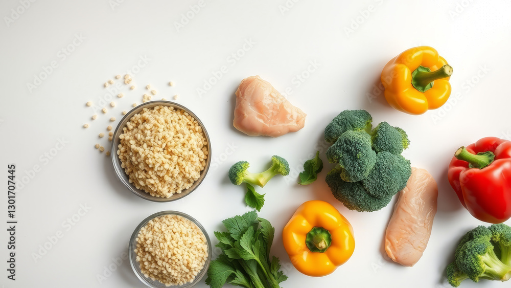 Ingredients for Healthy Dish with Chicken, Broccoli and Vegetables on White
Ingredients for Healthy Dish with Chicken, Broccoli and Vegetables on White