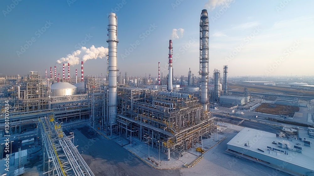 Panoramic view of a massive gas plant facility revealing the intricate network of pipelines towers and that comprise this large scale industrial complex Panoramic view of a massive gas plant facility revealing the intricate network of pipelines towers and that comprise this large scale industrial complex