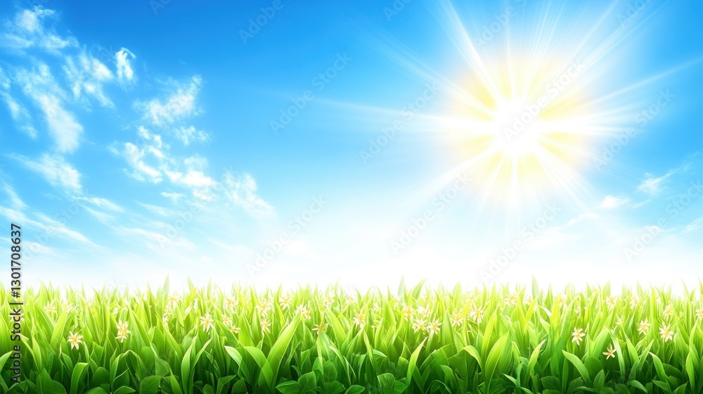 Fototapeta premium Sunny spring meadow landscape with vibrant sky