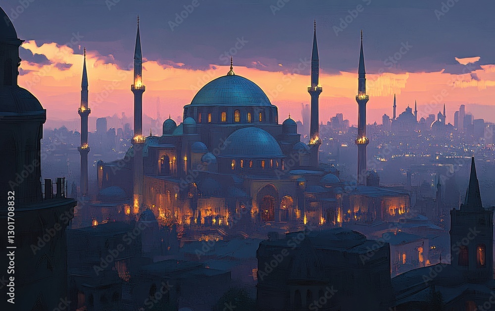 Naklejka premium Sunset view of a grand mosque in a bustling city.