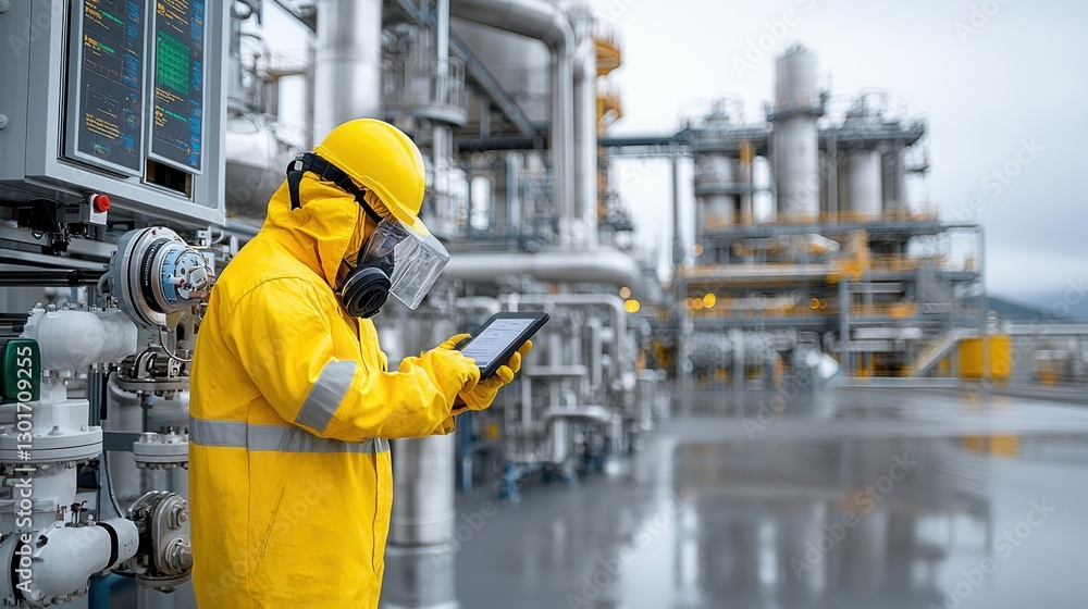 Engineer in yellow safety gear and uniform using a digital tablet to monitor analyze and manage the and processes of an industrial facility such as an oil refinery or manufacturing plant Engineer in yellow safety gear and uniform using a digital tablet to monitor analyze and manage the and processes of an industrial facility such as an oil refinery or manufacturing plant