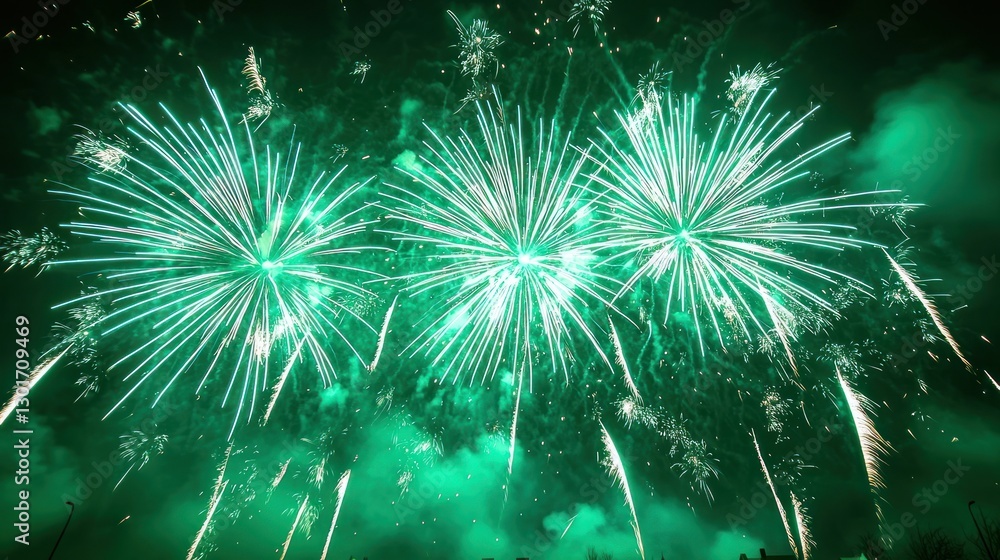 Fototapeta premium Three vibrant green fireworks bursts illuminate the night sky.