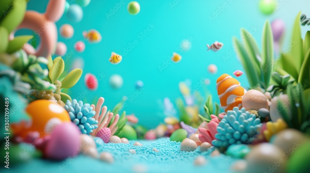Fototapeta premium Vibrant underwater scene with colorful corals, fish, and plants set against a bright blue backdrop