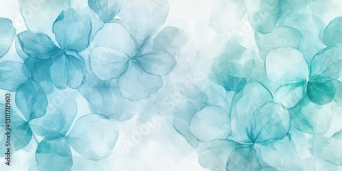 Translucent flower petals, watercolor spring background with pastel shades of light blue mint colors. Light brushstroke textures, dreamy and artistic composition.
