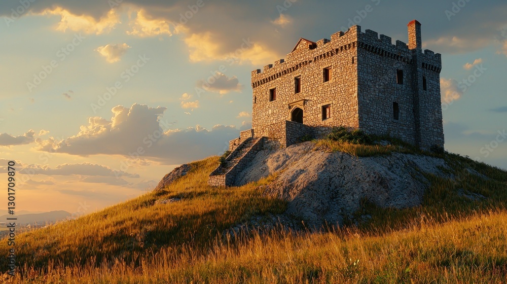 Stone castle on hilltop at sunset. Stone castle on hilltop at sunset.