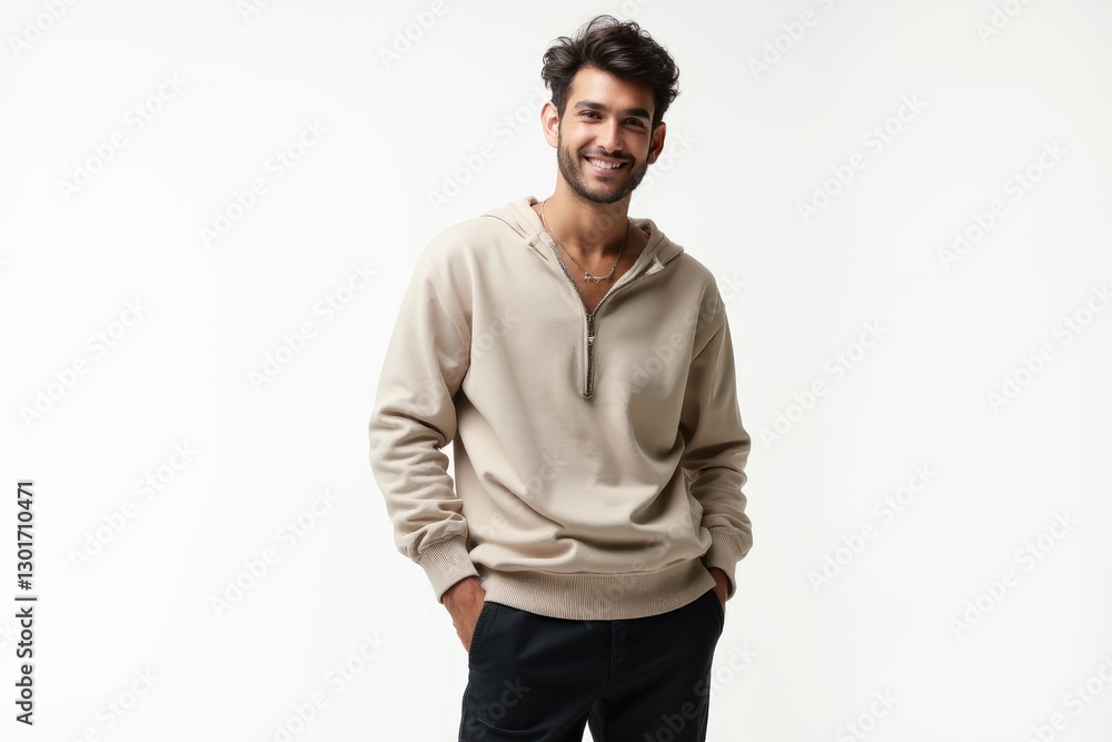 Half-Length (Waist-Up) portrait of young stylish smiling Albanian male model in bohemian wear isolated on pure white background looking at camera Half-Length (Waist-Up) portrait of young stylish smiling Albanian male model in bohemian wear isolated on pure white background looking at camera