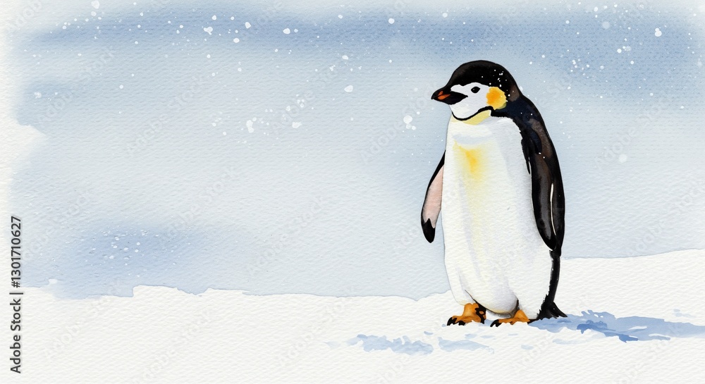 Obraz premium Elegant penguin standing in a snowy landscape, conveying a serene and tranquil mood while surrounded by gentle falling snowflakes.