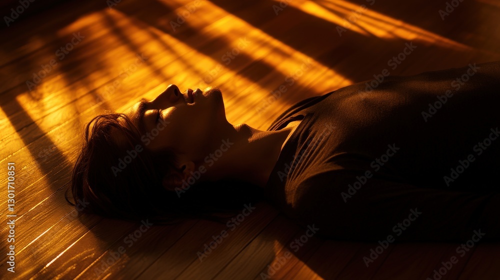 Man Soaking in Golden Sunbeam on Wooden Floor with Eyes Closed Man Soaking in Golden Sunbeam on Wooden Floor with Eyes Closed