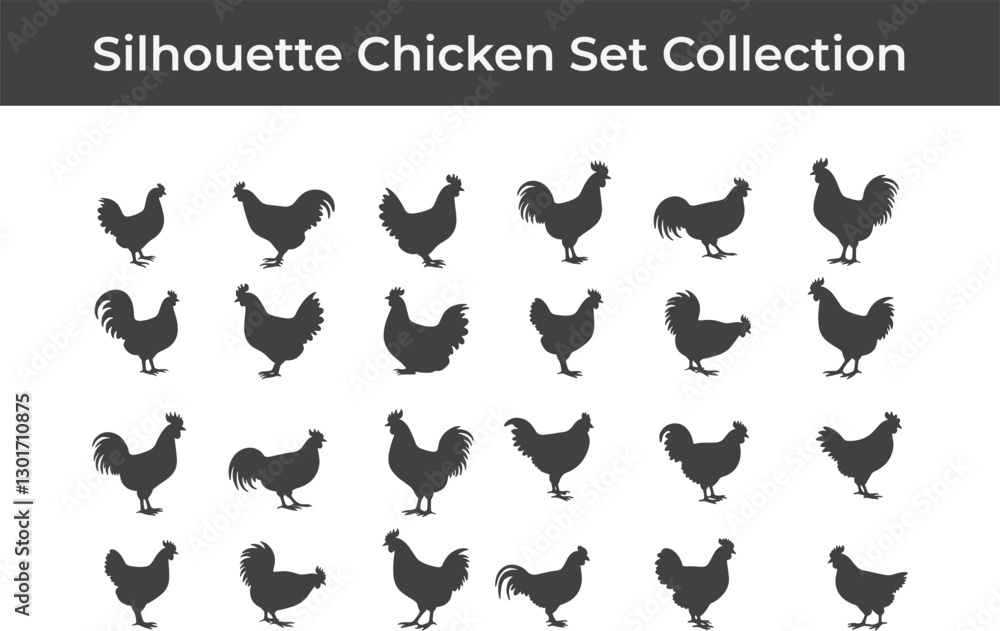 Obraz premium A set of simple black various chicken and rooster silhouette design icon vector logo illustration isolated on white background