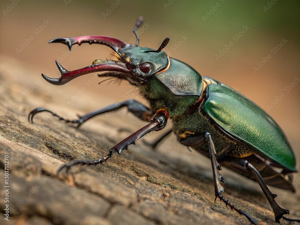 Naklejka premium A stag beetle (Lucanus cervus), highlighting its powerful mandibles, textured exoskeleton, and segmented body. Perfect for scientific and educational purposes.
