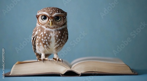 Wallpaper Mural Small Brown Owl with Glasses Perched on Open Antique Book Against Blue Background Torontodigital.ca