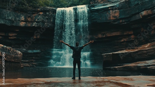 Fototapeta Naklejka Na Ścianę i Meble -  Man Standing by Waterfall with Arms Open Feeling Freedom and Renewal