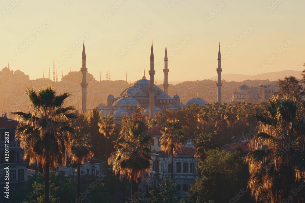 Naklejka premium Sunset view of a mosque in a city with palm trees.