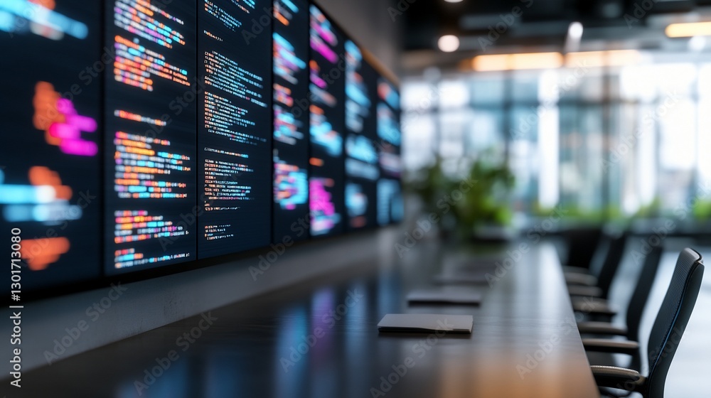 Data center displays code, office background. Tech use Data center displays code, office background. Tech use
