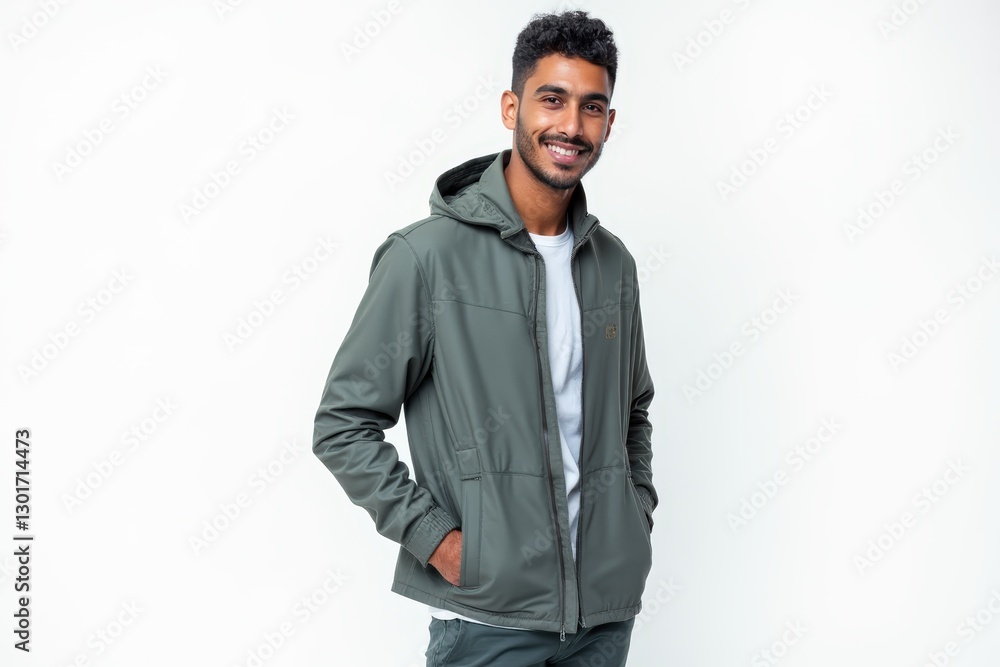 Half-Length (Waist-Up) portrait of young stylish smiling Algerian male model in futuristic wear isolated on pure white background looking at camera Half-Length (Waist-Up) portrait of young stylish smiling Algerian male model in futuristic wear isolated on pure white background looking at camera