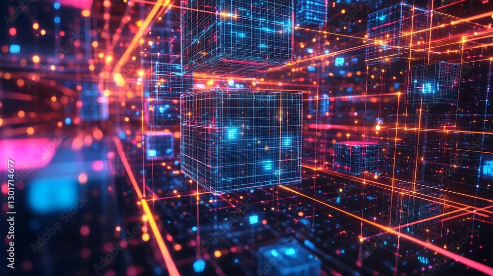 Digital Data Cube Network, glowing lines, abstract background, technology concept Digital Data Cube Network, glowing lines, abstract background, technology concept
