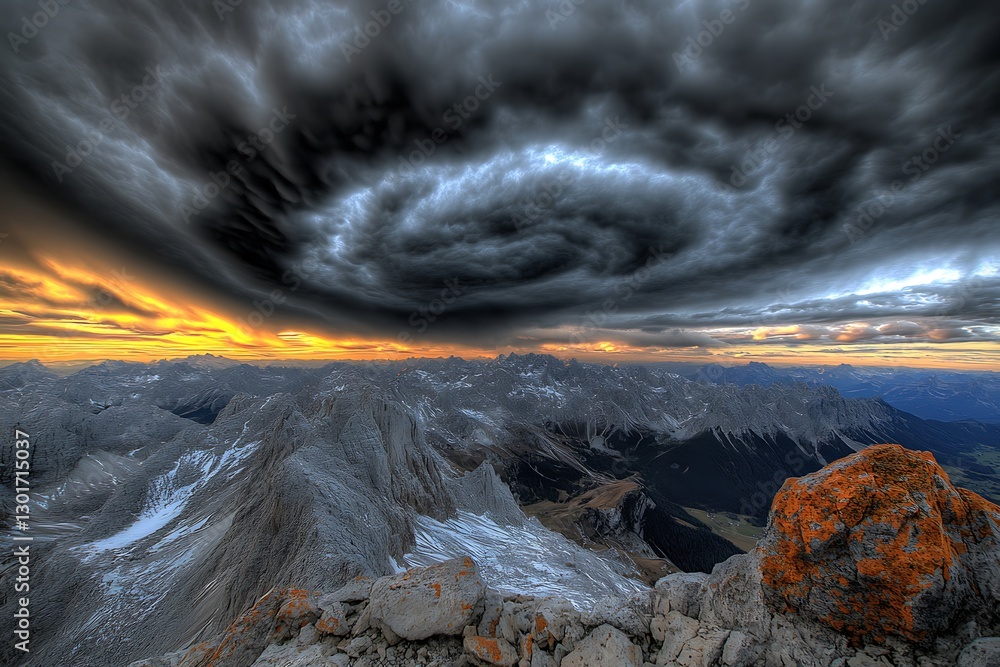 Naklejka premium Dramatic cloud formation over a mountain range during sunset or sunrise