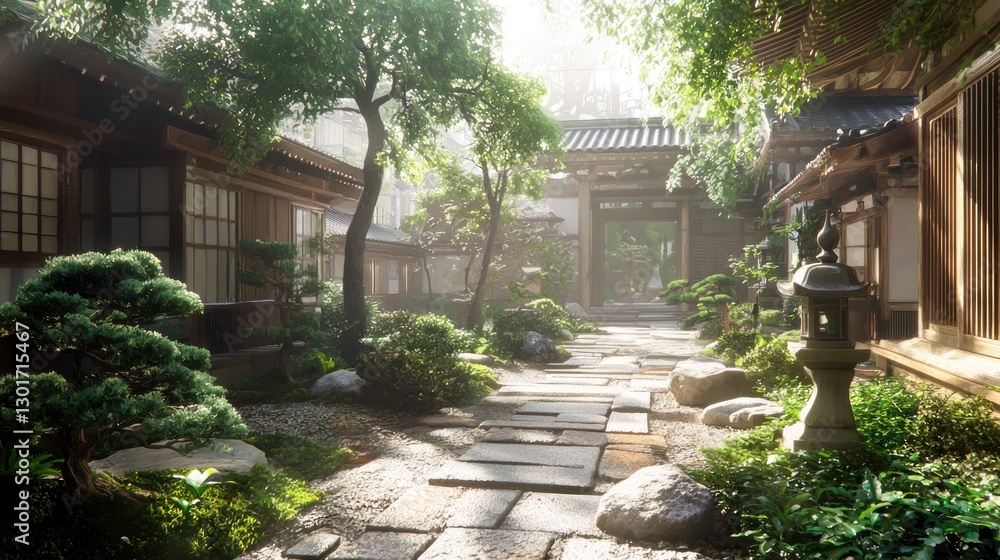 Serene Japanese garden path with stone walkway, lush greenery, and traditional houses. Serene Japanese garden path with stone walkway, lush greenery, and traditional houses.