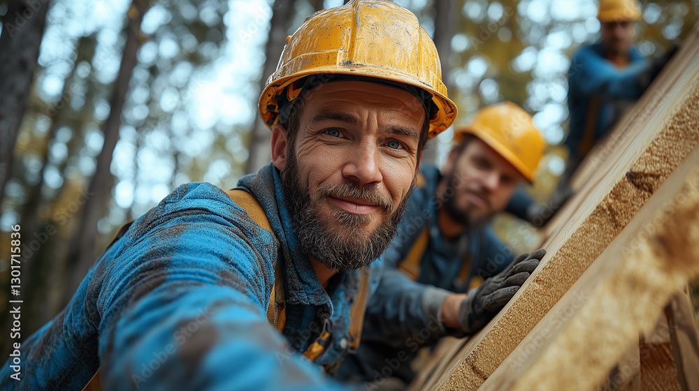 Skilled carpenter wearing safety gear working on wooden framework Skilled carpenter wearing safety gear working on wooden framework