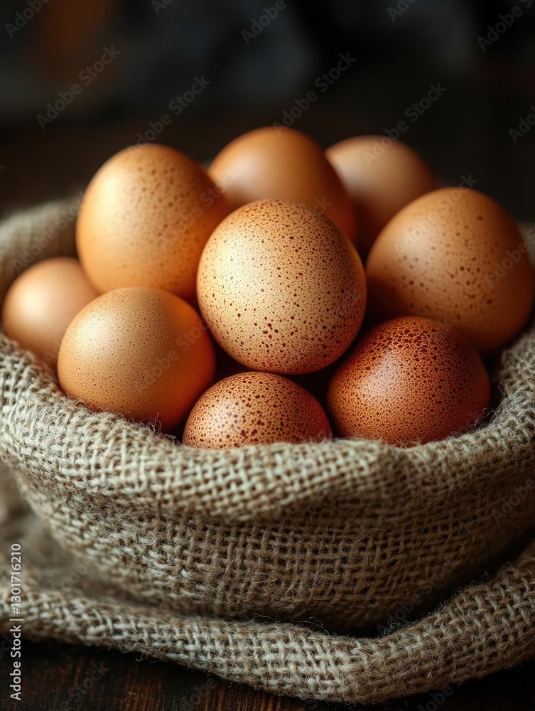 A rustic basket filled with fresh brown eggs resting on a wooden table in a cozy kitchen setting A rustic basket filled with fresh brown eggs resting on a wooden table in a cozy kitchen setting