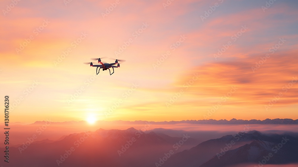 Drone sunset flight over mountains Drone sunset flight over mountains