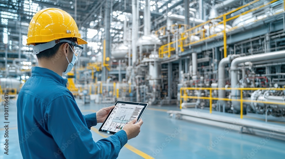 Industrial Engineer Monitoring and Analyzing Fuel Processing Data on Digital Interface at Manufacturing Facility Concept of Technology Automation and Data Analysis in Industrial Production Industrial Engineer Monitoring and Analyzing Fuel Processing Data on Digital Interface at Manufacturing Facility Concept of Technology Automation and Data Analysis in Industrial Production