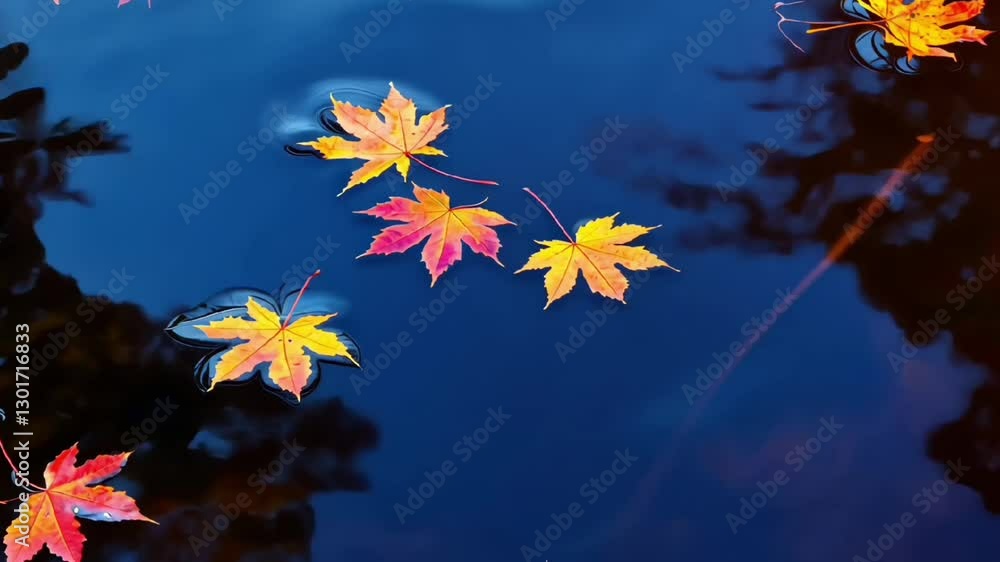 vibrant autumn leaves floating on calm blue water creating a peaceful and serene seasonal nature scene vibrant autumn leaves floating on calm blue water creating a peaceful and serene seasonal nature scene