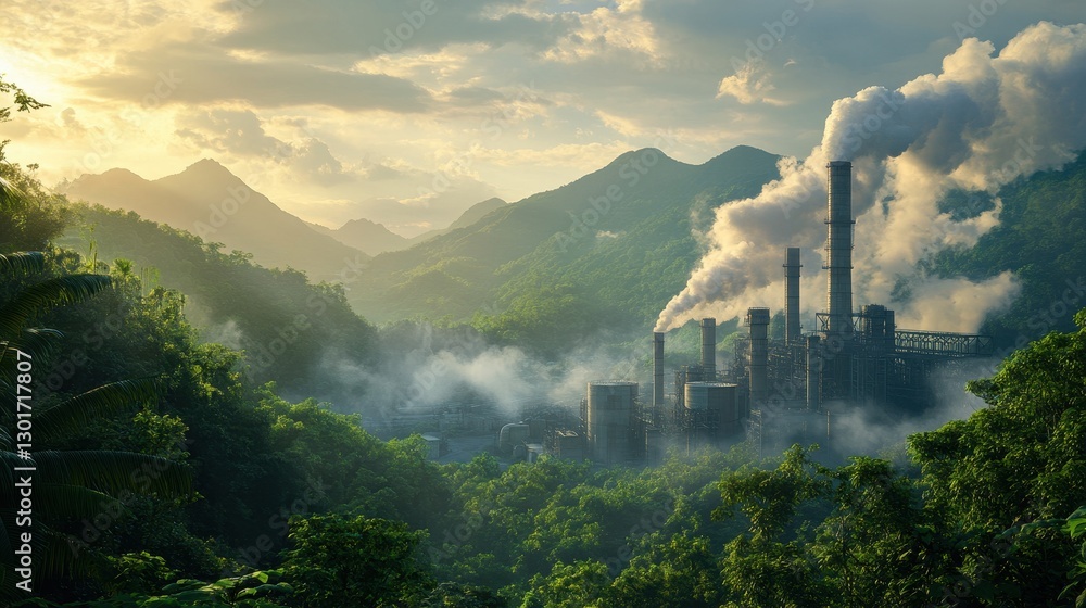 Fototapeta premium Industrial factory emitting smoke amidst lush green mountain landscape at sunset