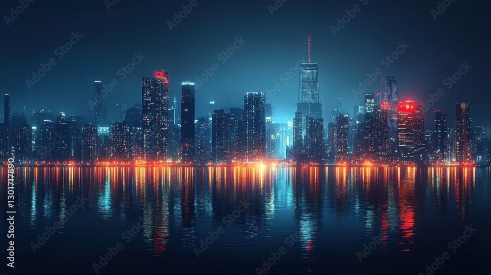 Fototapeta premium Vibrant night skyline over water with city lights reflections