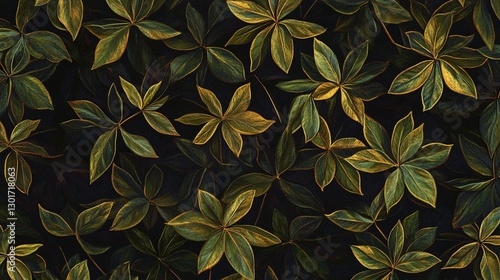 Luxurious Tropical Leaf Pattern with Gold Trim: Perfect for Elegant Wallpapers and High-End Fabric Prints Against a Moody Dark Background