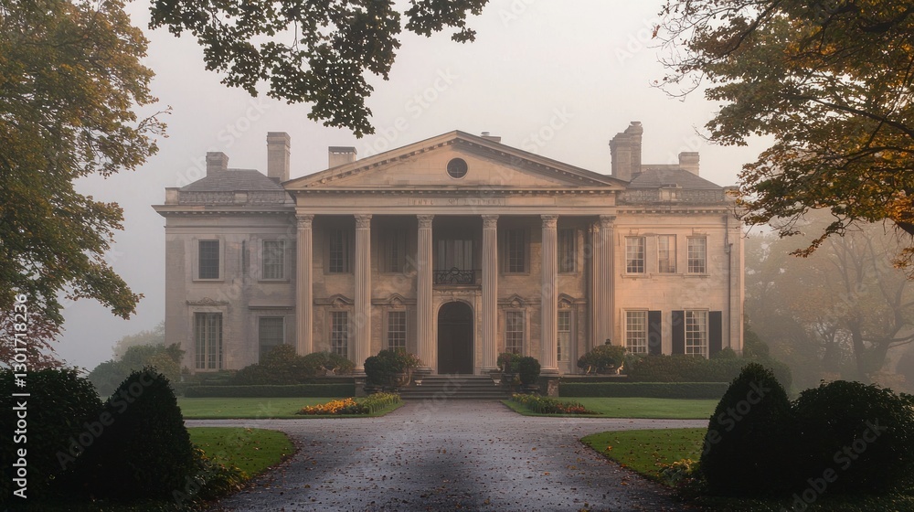 Obraz premium Grand neoclassical mansion on a foggy autumn morning.