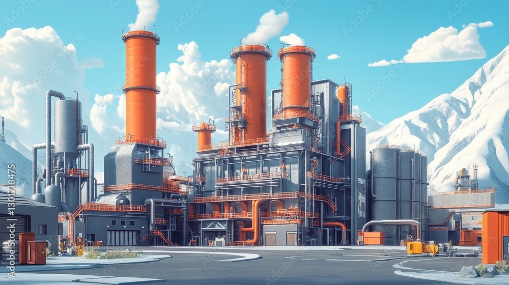 Obraz premium Industrial power plant with red chimneys in snowy mountain landscape