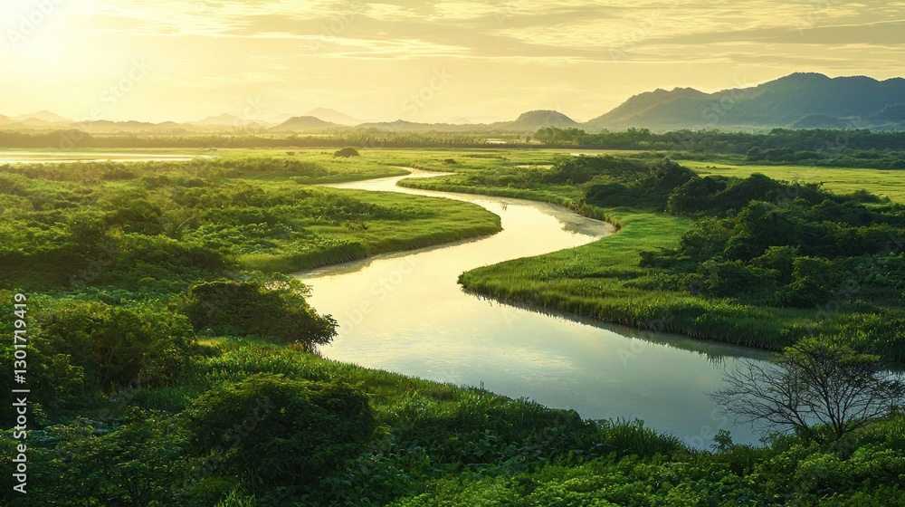 Obraz premium Serene sunset over a meandering river in a lush green landscape.