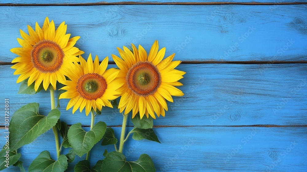Obraz premium Stunning Bright Yellow Sunflowers Against Rustic Blue Wooden Wall: A Minimalist Photography Backdrop for Creative Projects with Ample Copy Space and Natural Lighting