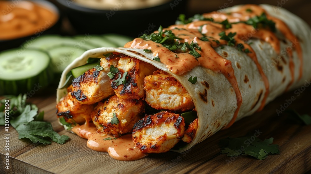 Delicious wrap filled with crispy chicken, fresh cucumbers Delicious wrap filled with crispy chicken, fresh cucumbers
