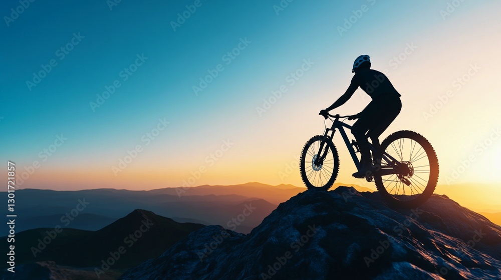 Obraz premium Breathtaking Close-Up Silhouette of a Mountain Biker at Sunrise: Capturing a Moment of Reflection and Achievement in Ultra-Realistic Sports Imagery