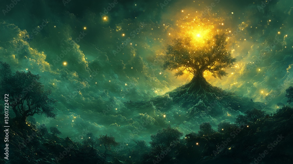 Fototapeta premium star tree of life and death symbol in bright emerald colors.
