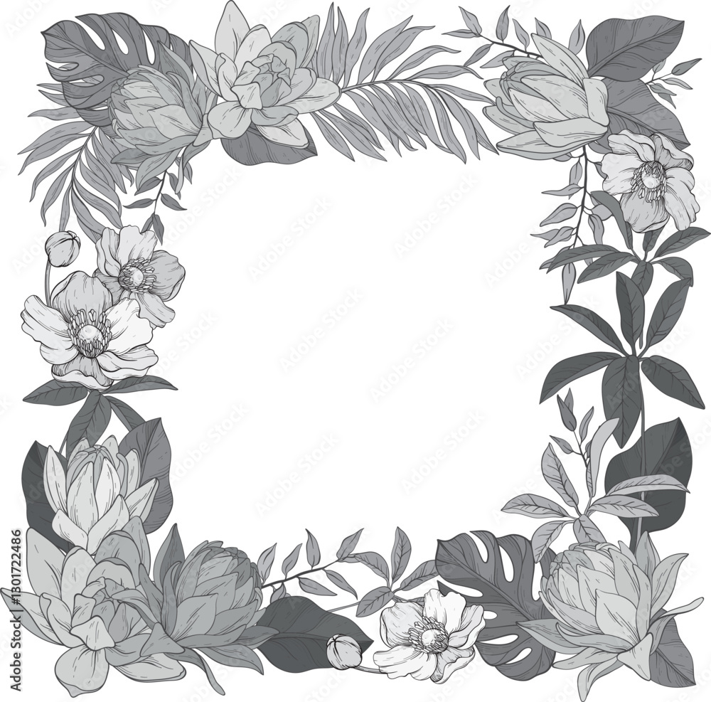 Fototapeta premium A monochrome beautifully detailed floral vector illustration featuring an elegant square frame adorned with tropical flowers, all intricately intertwined with leaves, against a white background