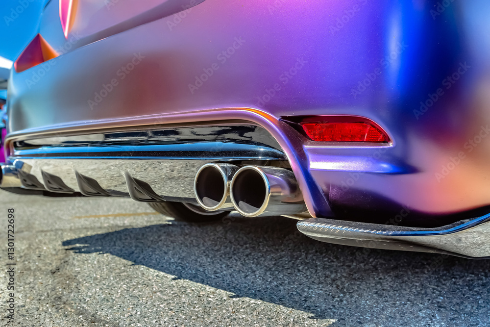 Naklejka premium Close up of a dual exhaust pipe and purple metallic finish