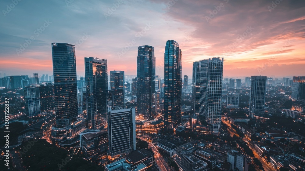 Fototapeta premium Stunning cityscape at sunset, skyscrapers illuminated.