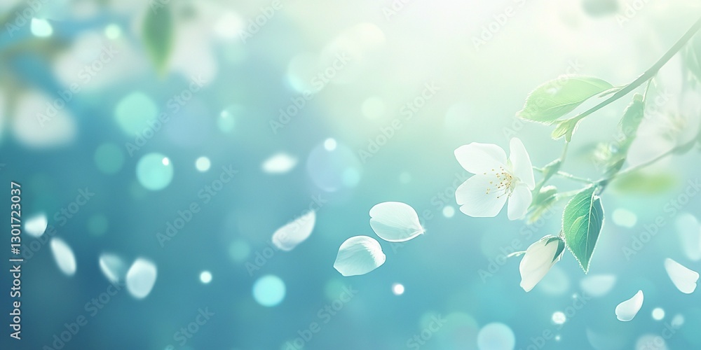 Fototapeta premium Stunning Spring Backdrop with Subtle Greens and Blues, Beautiful Floating Petals, Bright Ambiance, Photorealistic Details in 8K Resolution for Commercial Use - Perfect Artistic Background
