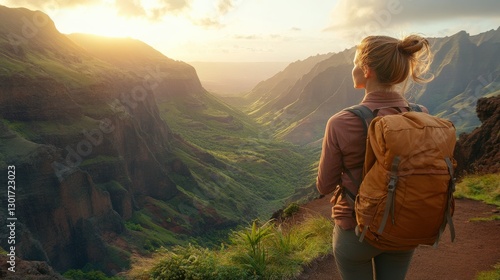 Woman with Backpack Takes Deep Mindful Breath on Hiking Trail